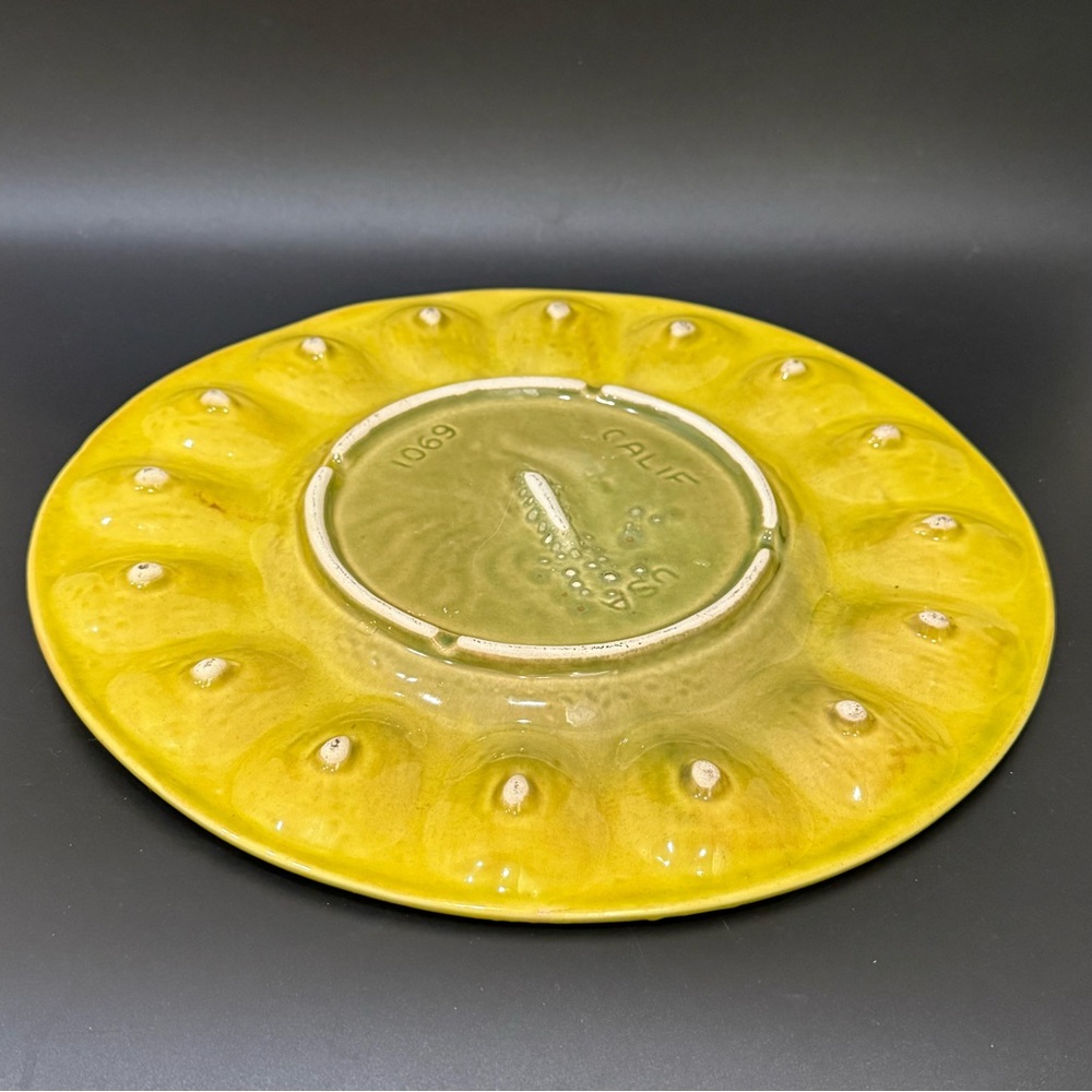 Vintage California Pottery Yellow Glazed Rooster Deviled Egg Plate 12” Platter - Picture 5 of 16